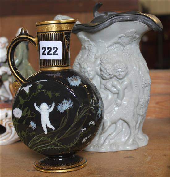 Minton pate-sur-pate jug and a Charles Meigh bacchanalian pewter lidded jug